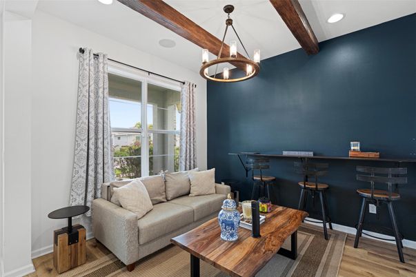 Interior, Living room, Pendant Lights, Recessed Lighting, Wooden Beams, Wood Texture Flooring