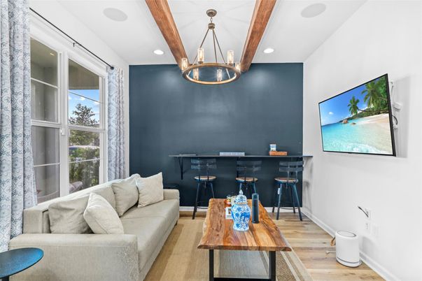 Interior, Living room, Pendant Lights, Recessed Lighting, Wooden Beams, Wood Texture Flooring