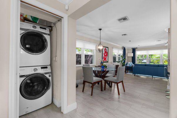 Dining room, Interior, Living room, Pendant Lights, Recessed Lighting, Utility Closets, Washer, Wood Texture Flooring
