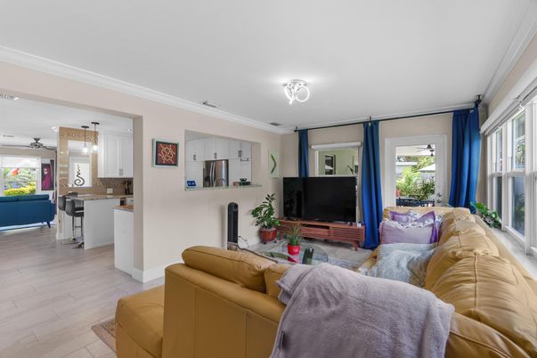 Interior, Kitchen, Living room, Pendant Lights, Wood Texture Flooring