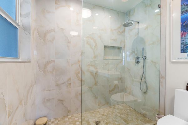 Bathroom, Glass Shower, Interior, Marble Walls, Recessed Lighting