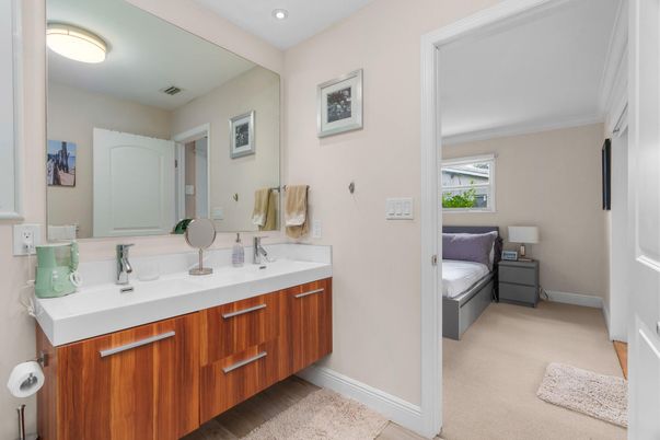 Bathroom, Bedroom, Dual Sink Vanities, Interior, Recessed Lighting, Wood Texture Flooring