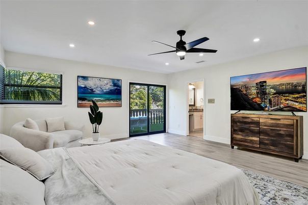 Bedroom, Interior, Recessed Lighting, Wood Texture Flooring