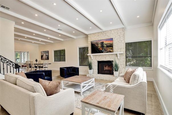Dining room, Fireplace, Interior, Living room, Recessed Lighting, Stone Walls