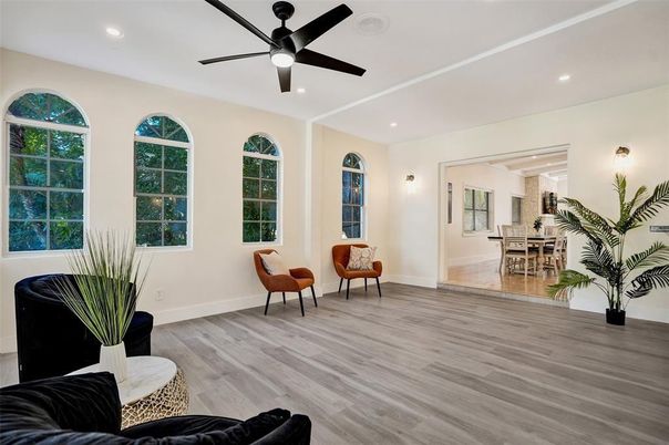 Dining room, Interior, Recessed Lighting, Wood Texture Flooring