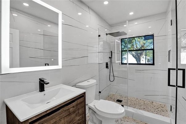 Bathroom, Glass Shower, Interior, Marble Walls, Recessed Lighting