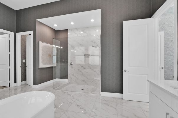 Bathroom, Glass Shower, Interior, Marble, Marble Walls, Recessed Lighting