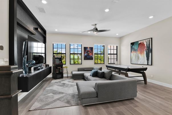 Game Room, Interior, Living room, Recessed Lighting, Wood Texture Flooring