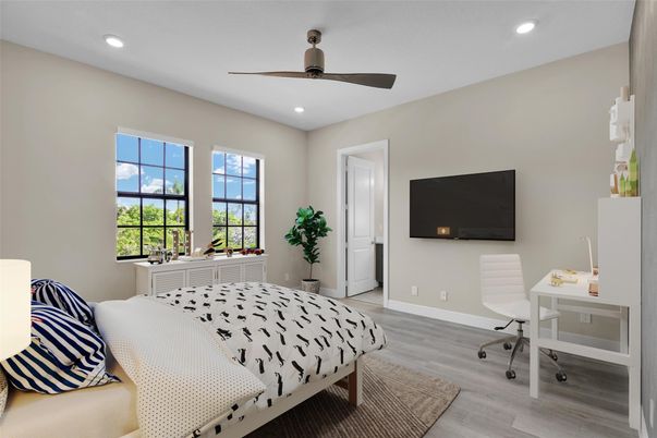 Bedroom, Home Office, Interior, Recessed Lighting, Wood Texture Flooring