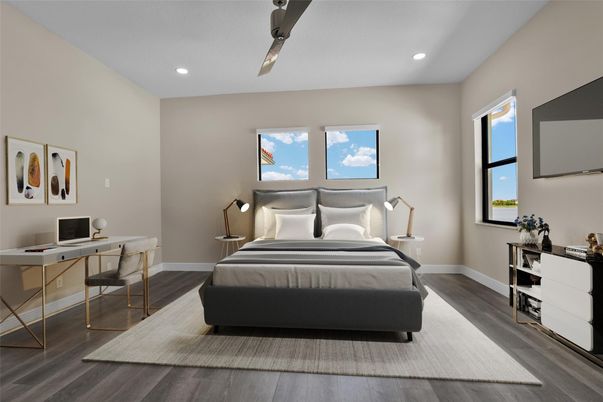 Bedroom, Home Office, Interior, Recessed Lighting, Wood Texture Flooring