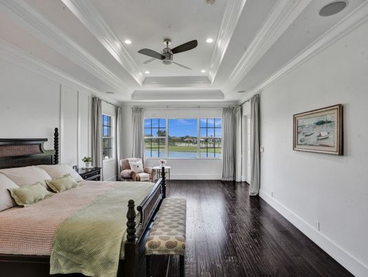 Bedroom, Interior, Recessed Lighting, Water, Wood Texture Flooring