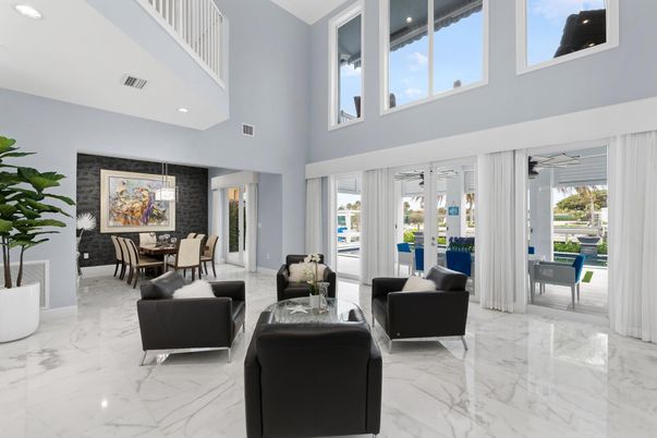 Dining room, Interior, Living room, Marble, Pendant Lights, Recessed Lighting, Water