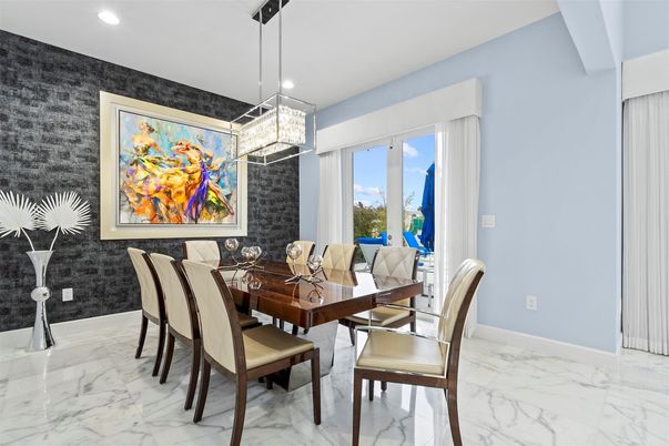 Dining room, Interior, Marble, Pendant Lights, Recessed Lighting
