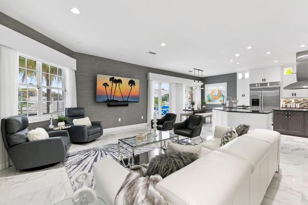 Interior, Kitchen, Living room, Marble, Pendant Lights, Recessed Lighting, Stainless Steel Appliances