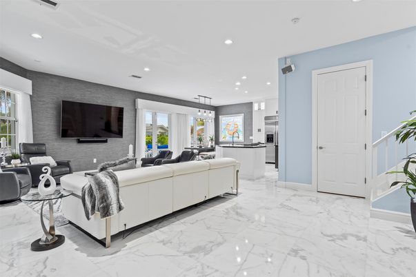 Interior, Kitchen, Living room, Marble, Pendant Lights, Recessed Lighting, Stainless Steel Appliances