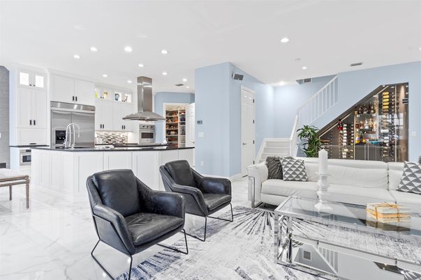 Interior, Kitchen, Living room, Marble, Recessed Lighting, Stainless Steel Appliances
