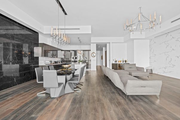 Chandelier, Dining room, Interior, Kitchen, Living room, Marble Walls, Pendant Lights, Wood Texture Flooring