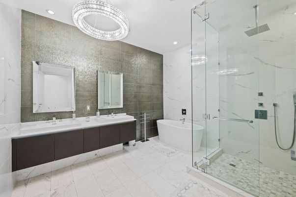 Bathroom, Dual Sink Vanities, Free Standing Baths, Glass Shower, Interior, Marble, Marble Walls, Recessed Lighting