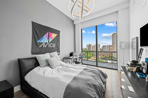 Bedroom, Interior, Pendant Lights, Wood Texture Flooring