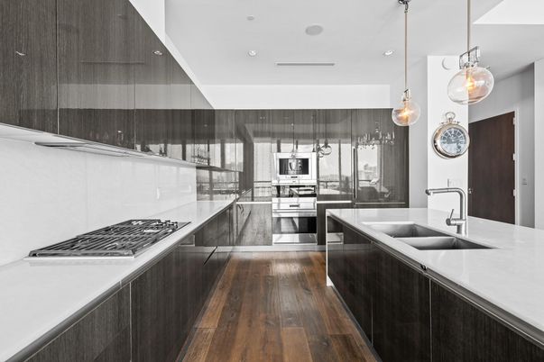 Interior, Kitchen, Pendant Lights, Recessed Lighting, Stainless Steel Appliances, Wood Texture Flooring