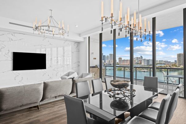 Dining room, Interior, Marble Walls, Pendant Lights, Recessed Lighting, Water, Wood Texture Flooring