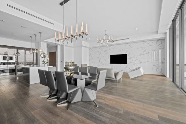 Dining room, Interior, Kitchen, Marble Walls, Pendant Lights, Recessed Lighting, Stainless Steel Appliances, Wood Texture Flooring