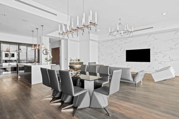 Dining room, Interior, Kitchen, Marble Walls, Pendant Lights, Recessed Lighting, Stainless Steel Appliances, Wood Texture Flooring