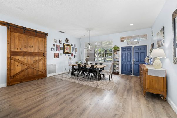 Dining room, Interior, Pendant Lights, Recessed Lighting, Wood Texture Flooring