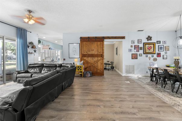 Home Theatre Room, Dining room, Interior, Kitchen, Living room, Pendant Lights, Recessed Lighting, Wood Texture Flooring