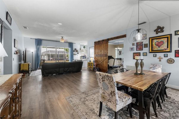 Dining room, Interior, Living room, Pendant Lights, Wood Texture Flooring