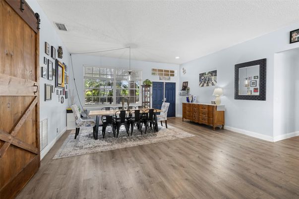 Dining room, Interior, Recessed Lighting, Wood Texture Flooring