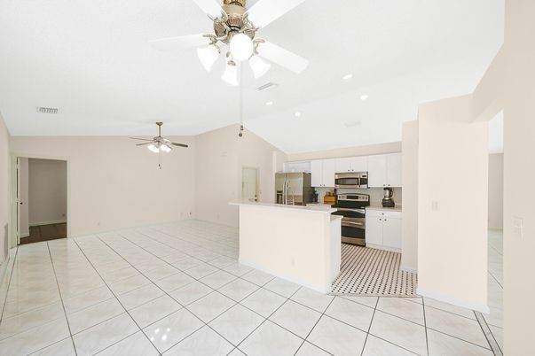 Empty room, Interior, Kitchen, Recessed Lighting, Stainless Steel Appliances
