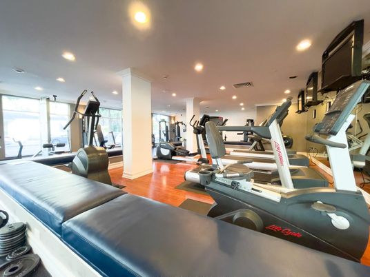 Fitness Equipment, Gym, Interior, Recessed Lighting, Wood Texture Flooring