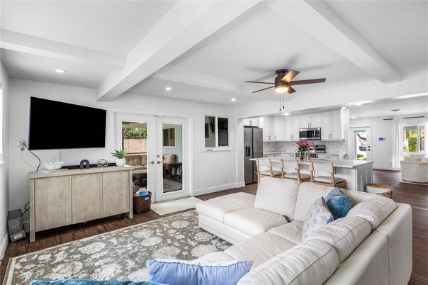 Interior, Kitchen, Living room, Recessed Lighting, Stainless Steel Appliances, Wood Texture Flooring