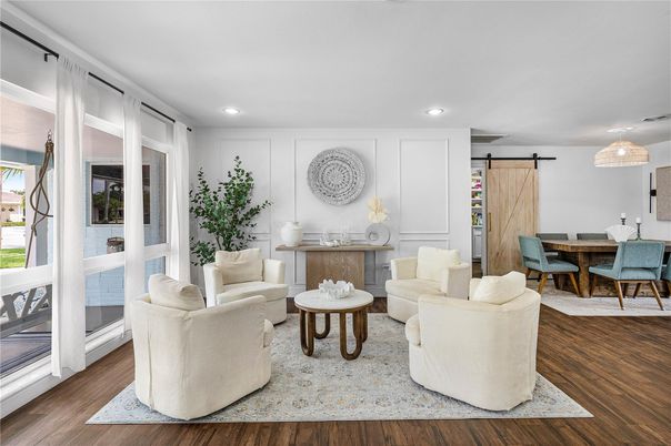 Dining room, Interior, Living room, Recessed Lighting, Wood Texture Flooring