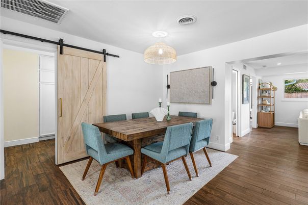 Dining room, Interior, Recessed Lighting, Wood Texture Flooring