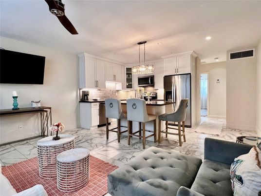 Interior, Kitchen, Living room, Marble, Pendant Lights, Recessed Lighting, Stainless Steel Appliances