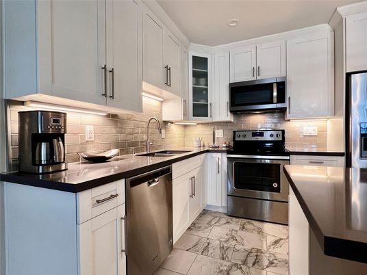 Interior, Kitchen, Marble, Recessed Lighting, Stainless Steel Appliances