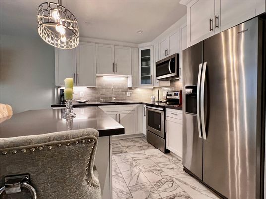 Interior, Kitchen, Marble, Recessed Lighting, Stainless Steel Appliances