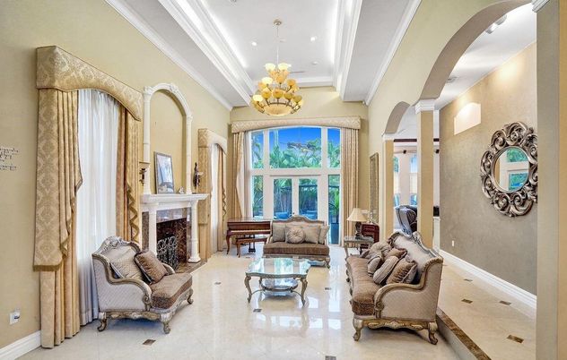 Chandelier, Fireplace, Interior, Living room, Recessed Lighting