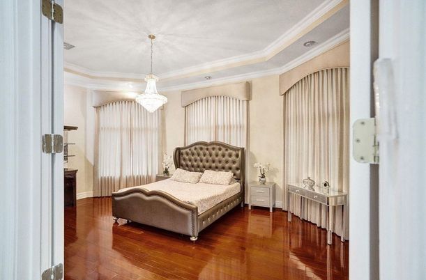 Bedroom, Chandelier, Interior, Recessed Lighting, Wood Texture Flooring