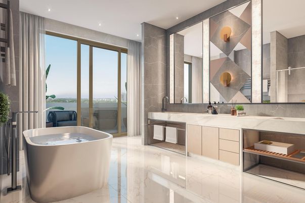 Bathroom, Dual Sink Vanities, Free Standing Baths, Interior, Marble, Recessed Lighting, Water