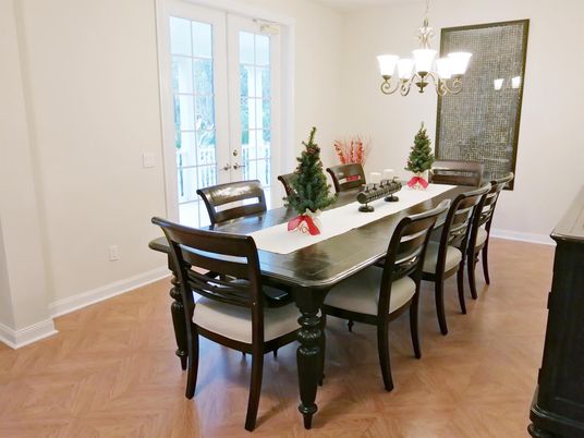 Chandelier, Dining room, Interior, Wood Texture Flooring