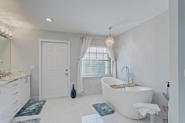 Bathroom, Chandelier, Free Standing Baths, Interior, Marble, Recessed Lighting