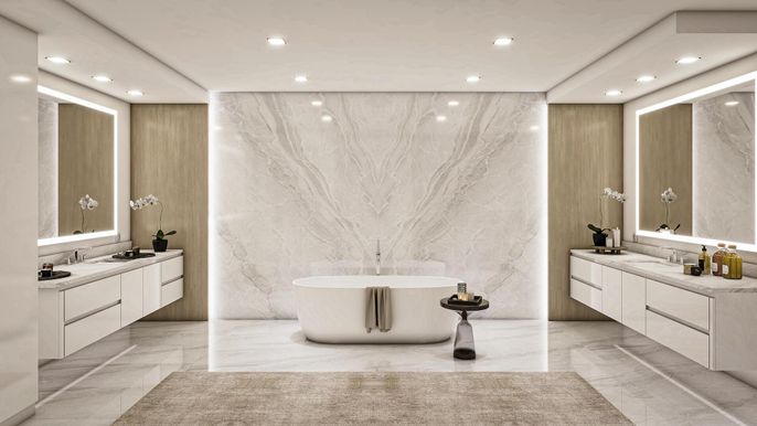 Bathroom, Dual Sink Vanities, Free Standing Baths, Interior, Marble, Marble Walls, Recessed Lighting