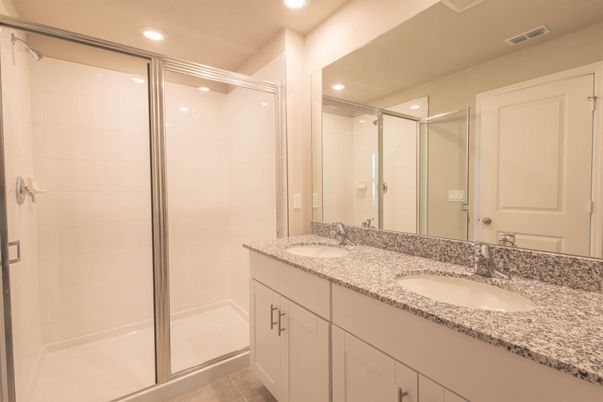 Bathroom, Dual Sink Vanities, Glass Shower, Interior, Recessed Lighting