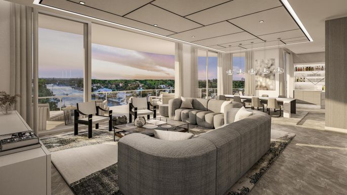 Dining room, Interior, Living room, Pendant Lights, Recessed Lighting, Water