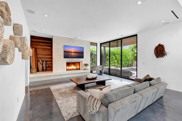 Fireplace, Interior, Living room, Recessed Lighting, Wooden Walls