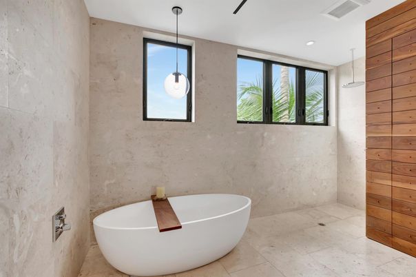 Bathroom, Free Standing Baths, Interior, Pendant Lights, Recessed Lighting, Wooden Walls