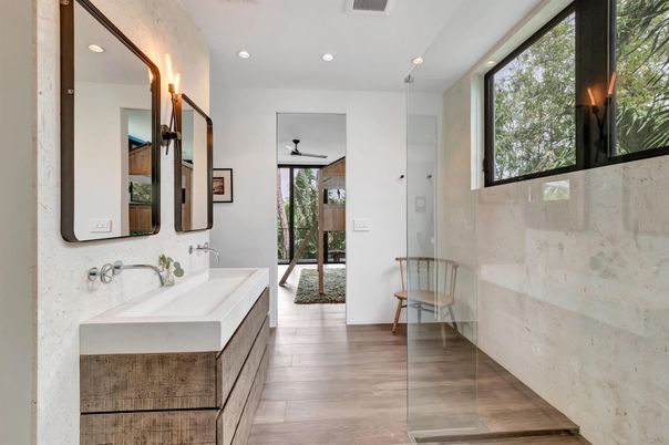 Bathroom, Interior, Recessed Lighting, Wood Texture Flooring